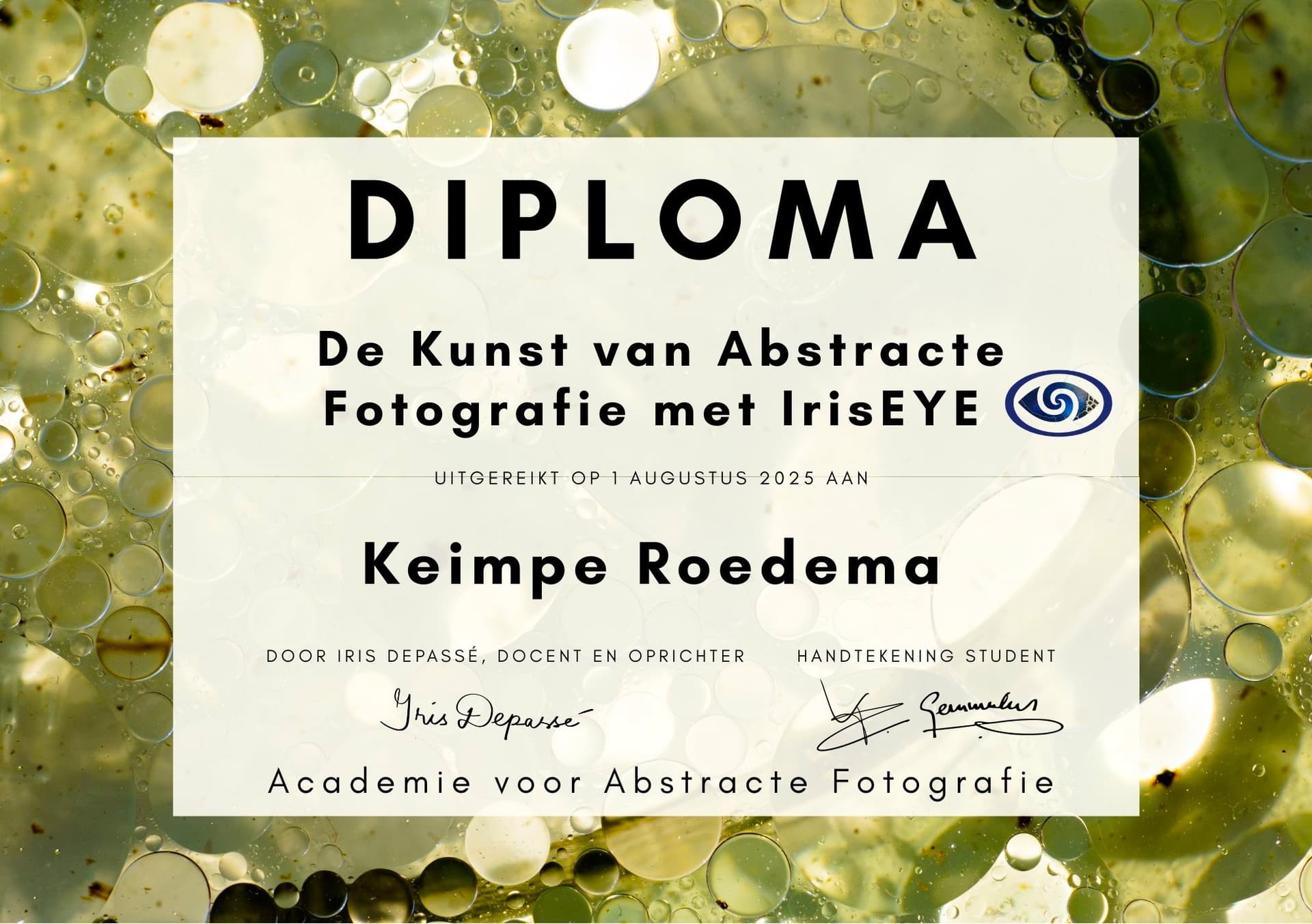 Diploma en Portfolio opleiding "De Kunst van de Abstracte Fotografie" (2024-2025)